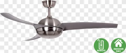 A stainless steel ceiling fan with a remote control icon on a transparent background.