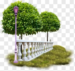 Stone balustrade with lamppost and topiary trees on a transparent background.