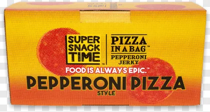A yellow Super Snack Time pepperoni pizza box on a transparent background.