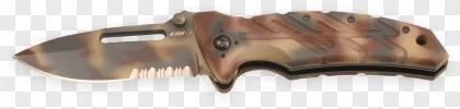 A tactical folding knife with a serrated blade and camouflage handle on a transparent background.