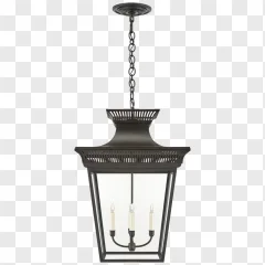 A traditional hanging lantern chandelier featuring a black metal frame on a transparent background.