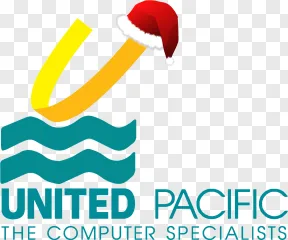 United Pacific Computer Specialists Santa logo shown on a transparent background.