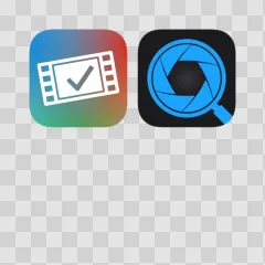 A video editor icon with a checkmark and a blue camera lens icon on a transparent background.