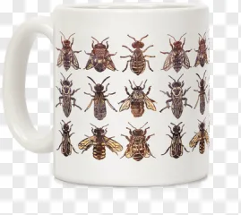 A white ceramic mug featuring a vintage botanical bee pattern on a transparent background.