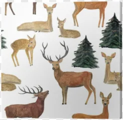 Watercolor deer and pine tree pattern on a transparent background.