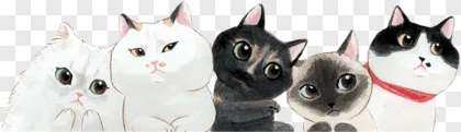 A watercolor illustration of a group of five cats on a transparent background.