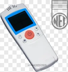 A white electronic remote control with a screen on a transparent background.