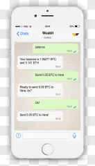 A white smartphone displaying cryptocurrency chat messages on a transparent background.