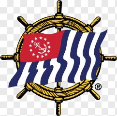 Yacht ensign flag over ships wheel on a transparent background.