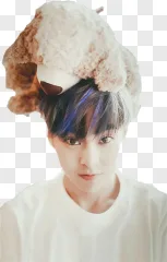 A young man wearing a bear hat is shown on a transparent background.
