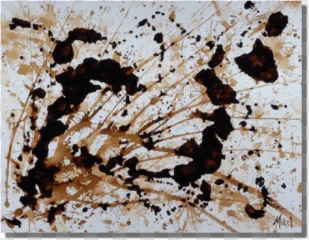 Abstract brown paint splatter texture on a transparent background.