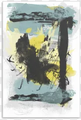 Abstract mixed media artwork featuring bold black strokes on a transparent background.