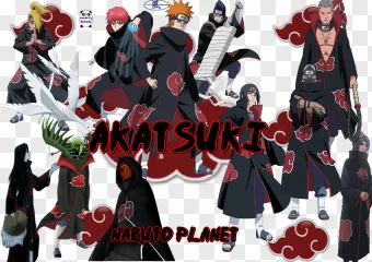 A group of Akatsuki anime characters wearing black cloaks on a transparent background.