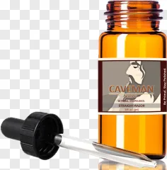 An amber glass Caveman beard oil bottle with a dropper on a transparent background.
