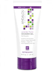 An Andalou Naturals lavender thyme shower gel bottle is shown on a transparent background.