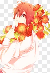 An illustration of an anime boy holding red flowers on a transparent background.
