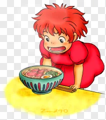 A cheerful anime girl with red hair eating a bowl of ramen on a transparent background.