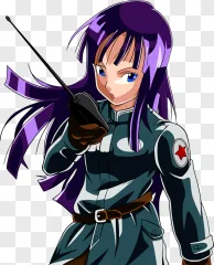 Anime girl holding a walkie talkie in cartoon style on a transparent background.