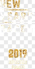 A bold black and gold new year race poster with glittery typography and a city skyline silhouette on a transparent background.