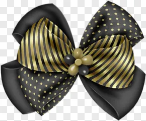 A black and gold striped ribbon bow with polka dots on a transparent background.