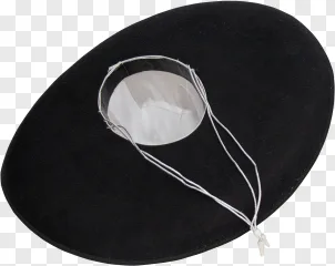 A black wide brim felt hat with a white cord on a transparent background.