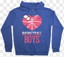 A blue basketball boys hoodie with a heart graphic on a transparent background.