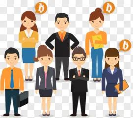 A professional business team with bitcoin symbols stands together on a transparent background.