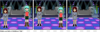 Two cartoon characters standing on a dance floor in a club on a transparent background.