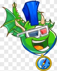 A cartoon green dragon wearing 3D glasses and a compass pendant on a transparent background.