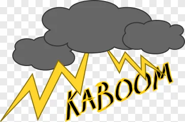 A cartoon lightning bolt striking from a grey cloud with the word kaboom on a transparent background.