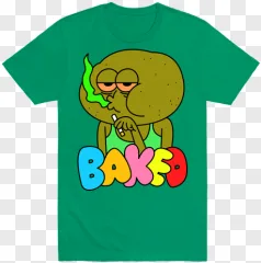 Cartoon potato smoking with baked text t shirt on a transparent background.