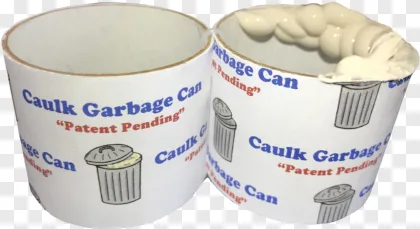 A white ceramic mug with a caulk garbage can design on a transparent background.