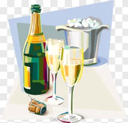 A champagne bottle and flutes illustration on a transparent background.