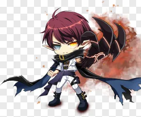 A chibi vampire boy with dark wings and red hair on a transparent background.