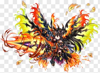 A chibi warrior holding a flaming spear with large wings on a transparent background.