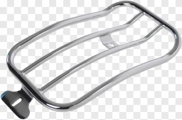A polished chrome bicycle rear rack carrier on a transparent background.