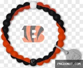 A transparent PNG of an orange and black silicone Cincinnati Bengals bracelet.