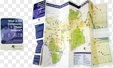 A community toilet scheme map and information pamphlet shown on a transparent background.