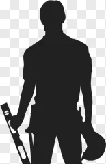 A grey standing construction worker silhouette holding a level tool on a transparent background.