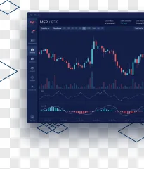 A dark mode crypto trading dashboard UI with stock charts displayed on a transparent background.