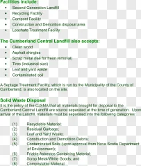 A list of waste disposal categories and accepted materials for the Cumberland Central Landfill on a transparent background.