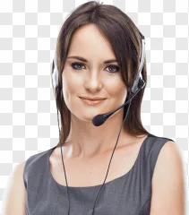A professional customer service representative wearing a headset on a transparent background.