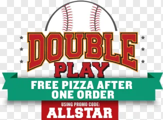 A Double Play baseball pizza promotion banner on a transparent background.