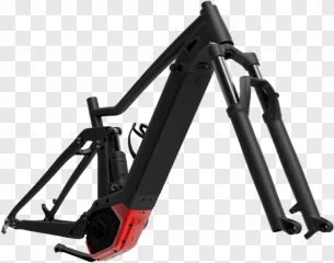 A black electric mountain bike frame with a red motor is displayed on a transparent background.