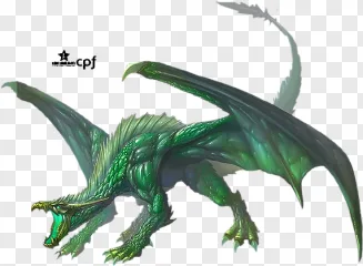 A fierce green dragon roars in fantasy art on a transparent background.