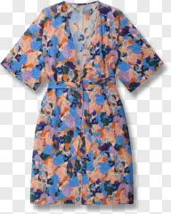 A floral print wrap dress with a belt on a transparent background.