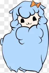 A fluffy blue alpaca wearing a bow on a transparent background.