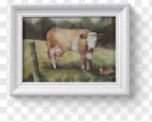 A framed watercolor painting of a cow in a pasture on a transparent background.