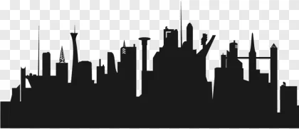A futuristic city skyline silhouette stands on a transparent background.