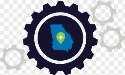 A blue map of Georgia with a green location pin and mechanical gears on a transparent background.